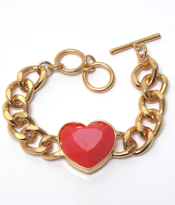 FACET HEART STONE AND THICK CHAIN TOGGLE BRACELET -valentine