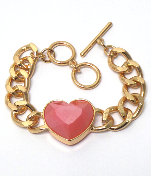 FACET HEART STONE AND THICK CHAIN TOGGLE BRACELET -valentine