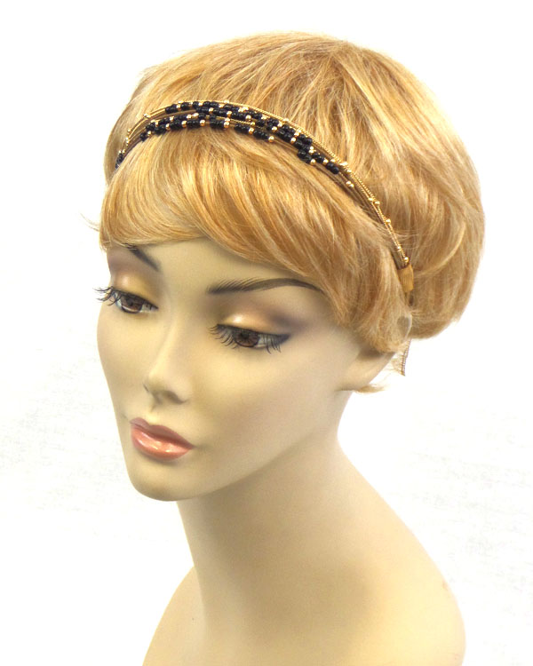 SEED BEAD FINE CHAIN AND LEATHERETTE CORD MIX STRETCH HEADBAND