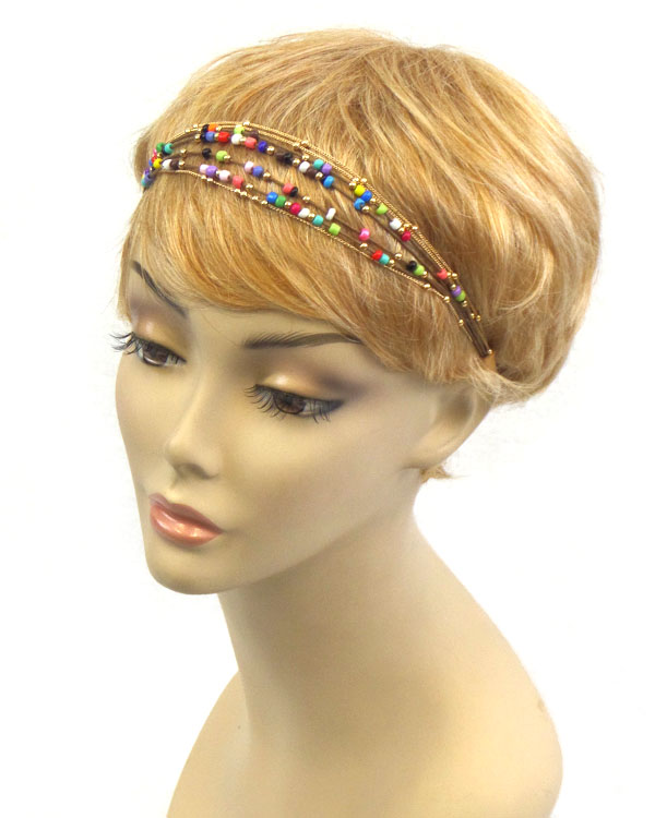 SEED BEAD FINE CHAIN AND LEATHERETTE CORD MIX STRETCH HEADBAND