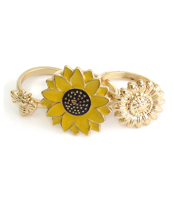 GARDEN THEME MULTI KNUCKLE RING SET - SUNFLOWER AND BEE