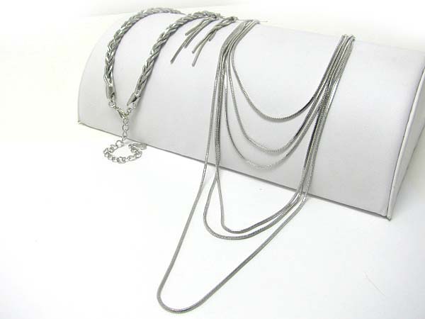 BRADIED CHAIN BACK MULTI LAYER LONG METAL CHAIN NECKLACE EARRING SET
