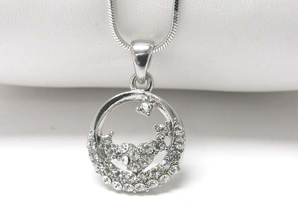 WHITEGOLD PLATING CRYSTAL STUD HEART IN ROUND PENDANT NECKLACE