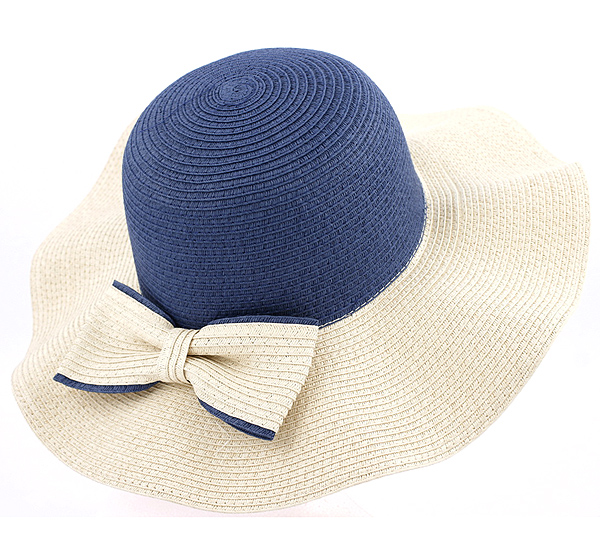 TWO TONE STRAW AND RIBBON DECO FLOPPY HAT