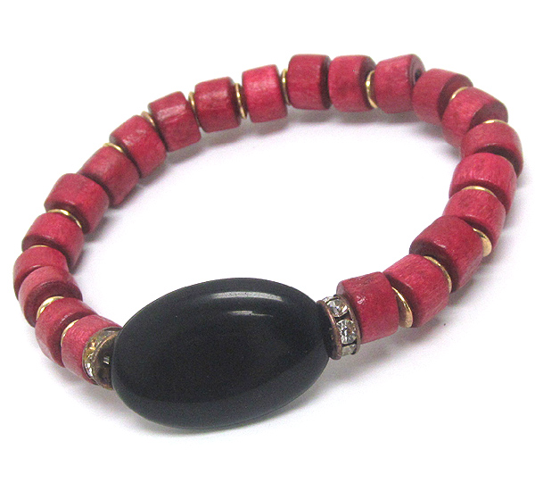 OVAL STONE AND WOODEN BEAD AND RONDELL ACCENT STRETCH BRACELET