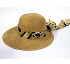 PAPER STRAW SHORT BRIM AND ANIMAL PRINT FABRIC TIE HAT
