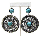 METAL FILIGREE AND CENTER TURQUOISE DECO DISK DROP EARRING