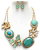 GARDEN THEME MULTI CRYSTAL FLOWER AND BUTTERFLY NECKLACE EARRING SET - Wholesale Jewelry