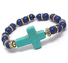 STONE CROSS AND WOODEN BALL BEAD AND RONDELL ACCENT STRETCH BRACELET