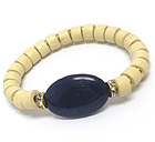 OVAL STONE AND WOODEN BEAD AND RONDELL ACCENT STRETCH BRACELET