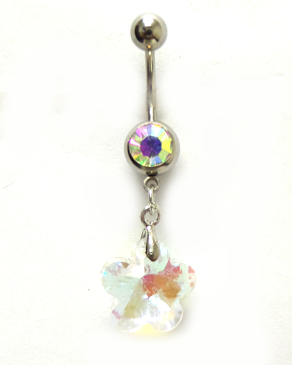 SURGICAL STEEL STEEL WITH CRYSTAL FLOWER DROP BELLY RING  NAVEL RING