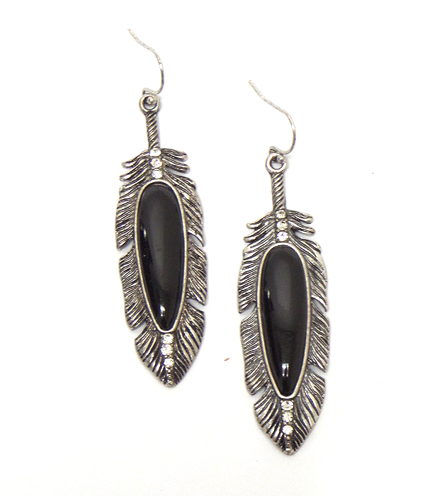 METAL FEATHERS WITH STONE CENTER FISH HOOK EARRINGS 