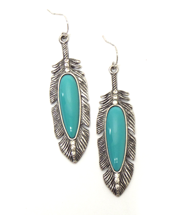 METAL FEATHERS WITH STONE CENTER FISH HOOK EARRINGS 