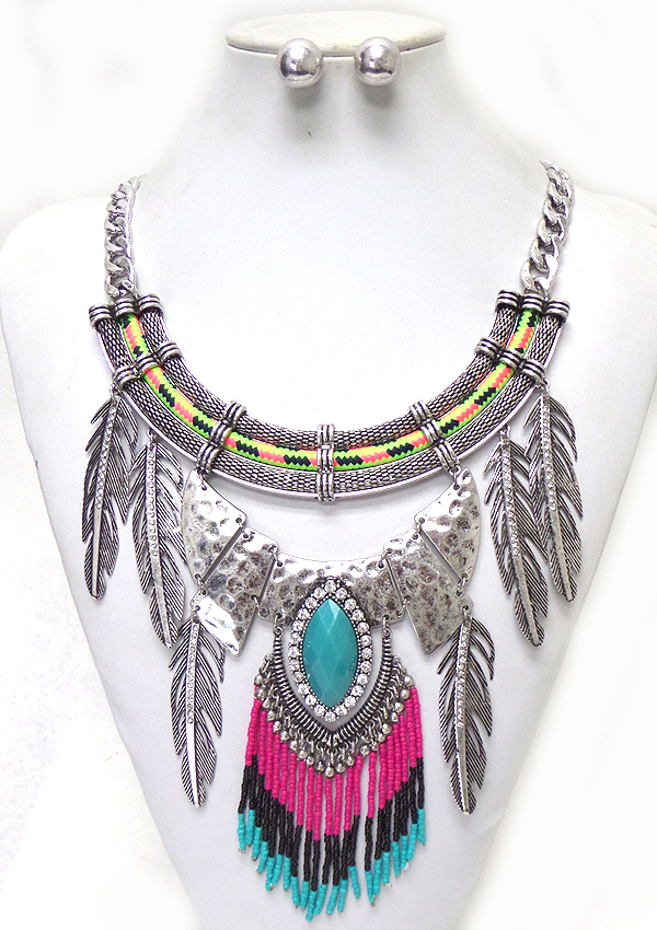 THREE LAYER ROPE METAL FEATHERS DROP NECKLACE SET