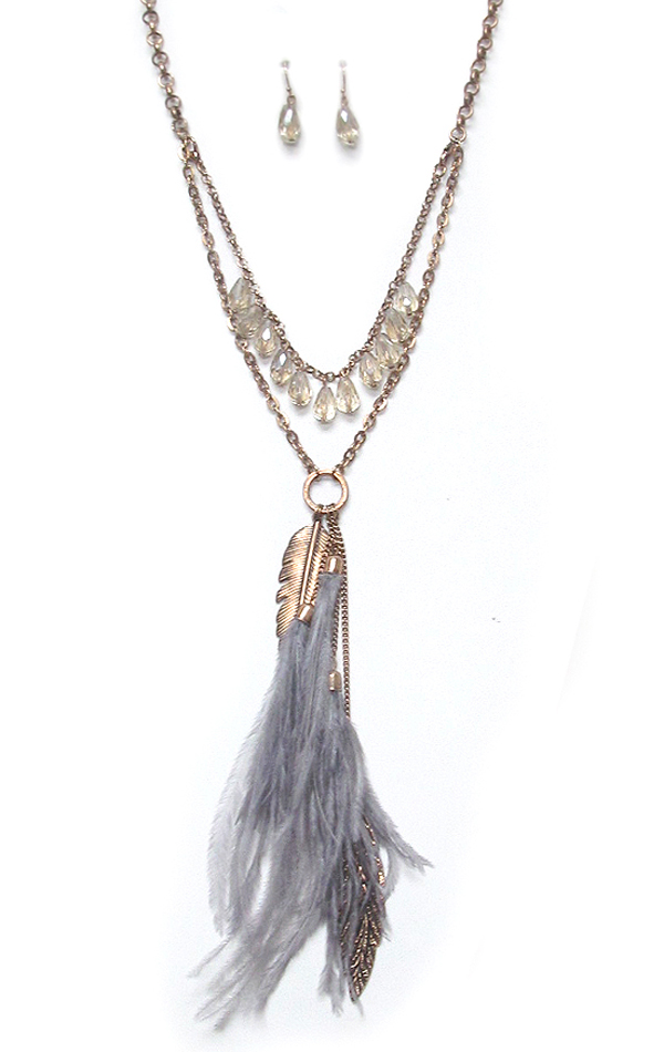 FEATHER MIX DROP DOUBLE LAYERED NECKLACE SET