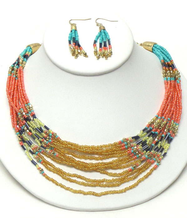MULTI COLOR SEED BEADS AND CHAIN MIX NECKLACE EARRING SET