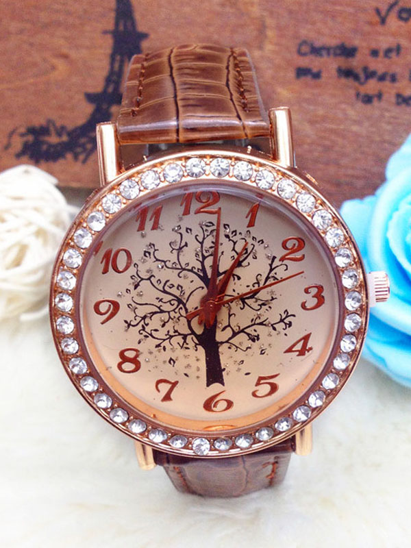 TREE OF LIFE PRINT CRYSTAL STUD LEATHER BAND WATCH