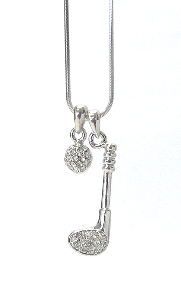 WHITEGOLD PLATING CRYSTAL GOLF CLUB AND BALL PENDANT NECKLACE