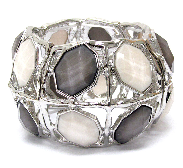 FACET ACRYLIC STONE AND LIQUIED METAL FRAME DOUBLE STRETCH BRACELET