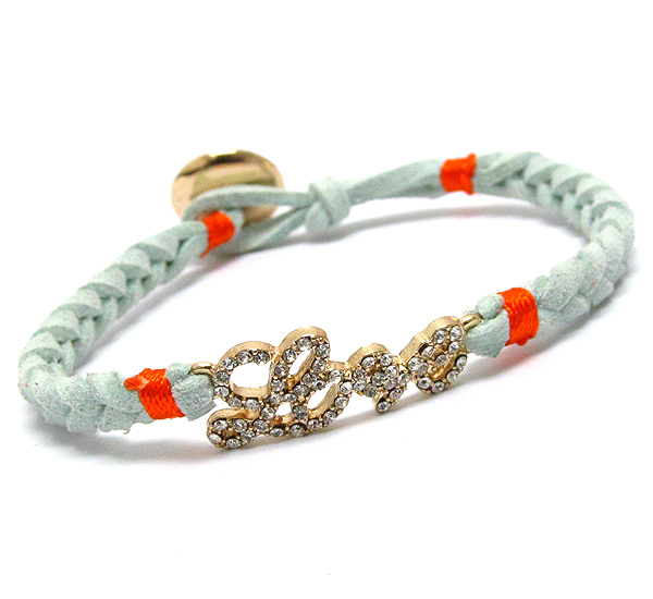 CRYSTAL LOVE AND WOVEN LEATHERETTE BAND BRACELET