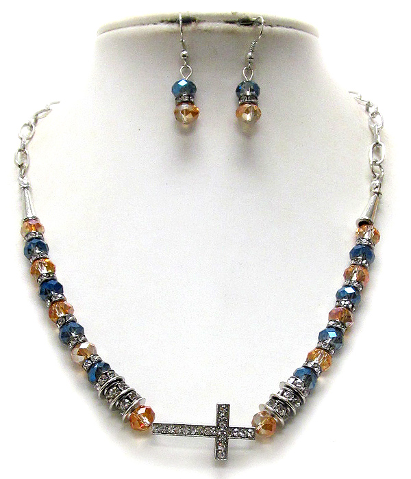 CRYSTAL CROSS PENDANT AND GLASS RONDELLE BEAD NECKLACE EARRING SET
