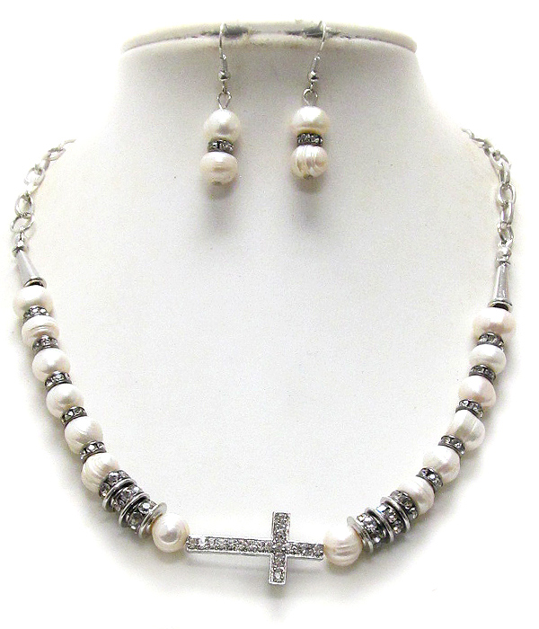 CRYSTAL CROSS PENDANT AND PEARL RONDELLE BEAD NECKLACE EARRING SET