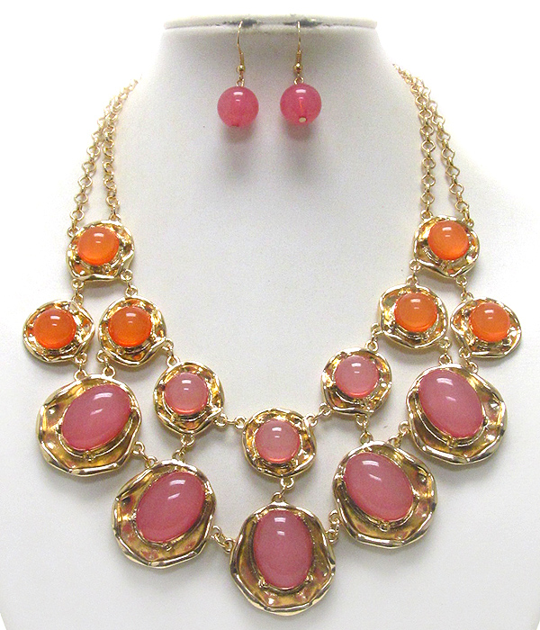 MULTI BUBBLE STONE ON NATURAL SHAPE DISK LINK BIB STYLE NECKLAC EARRING SET