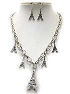 CRYSTAL DECO MULTI EIFFEL TOWER NECKLACE EARRING SET