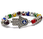 CRYSTAL HAMSA AND MULTI GLASS EVIL EYE BEAD AND RONDELLE STRETCH BRACELET