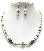 CRYSTAL CROSS PENDANT AND PEARL RONDELLE BEAD NECKLACE EARRING SET