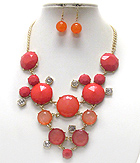 CRYSTAL AND FACET GLASS BUBBLE LINK BIB STYLE NECKLACE EARRING SET
