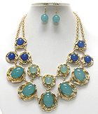 MULTI BUBBLE STONE ON NATURAL SHAPE DISK LINK BIB STYLE NECKLAC EARRING SET