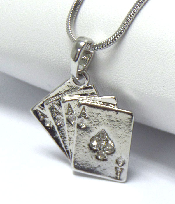 MADE IN KOREA WHITEGOLD PLATING CRYSTAL CARD CASINO THEME PENDANT NECKLACE