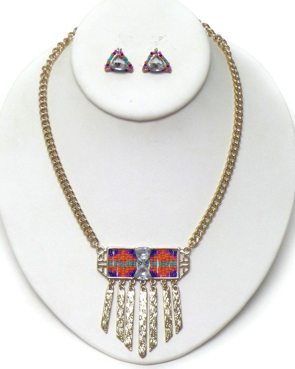 SEED BEAD AND TEXTURED METAL BAR DROP AND CHAIN NECKLACE EARRING SET