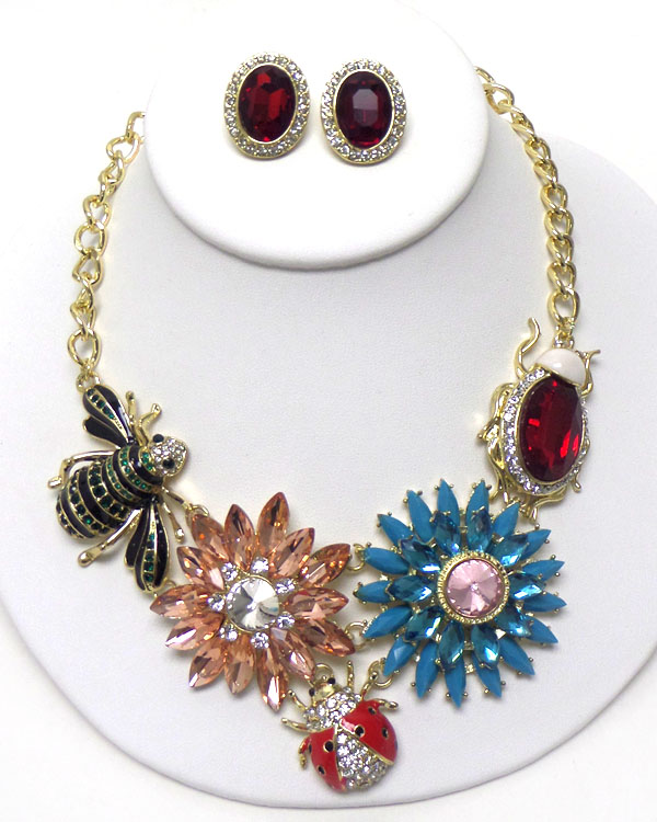 LUXURY AUSTRIAN CRYSTAL VICTORIAN STYLE GARDEN THEME BUG AND FLOWER NECKLACE EARRING SET