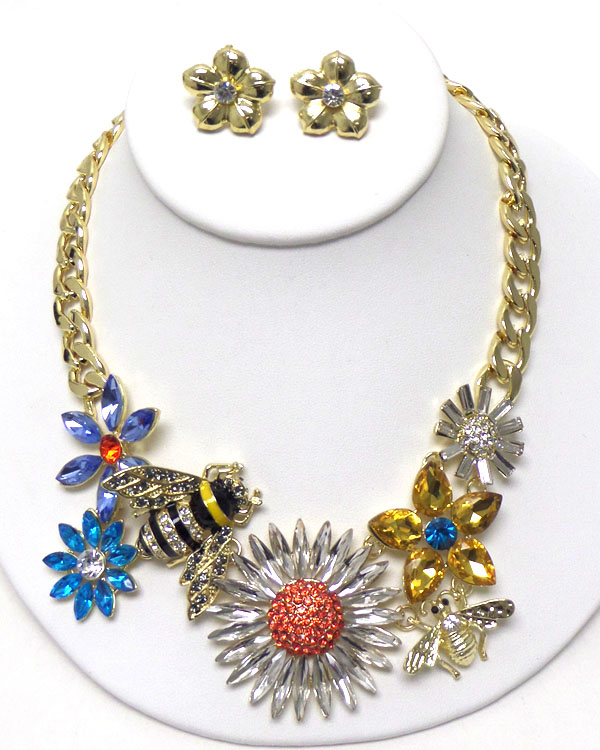 LUXURY AUSTRIAN CRYSTAL VICTORIAN STYLE GARDEN THEME BUG AND FLOWER NECKLACE EARRING SET