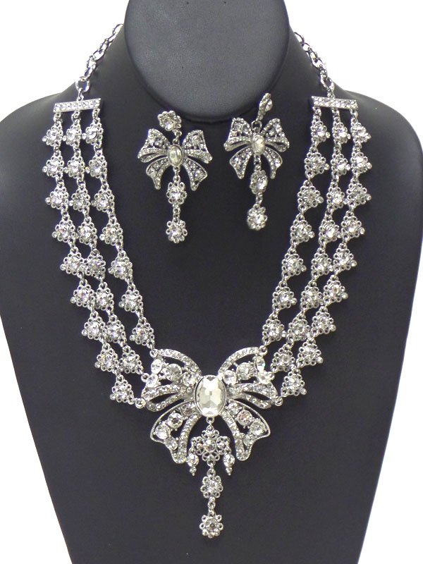 LUXURY AUSTRIAN CRYSTAL VICTORIAN STYLE BOW AND TRIPLE CHAIN NECKLACE EARRING SET
