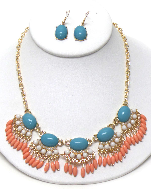PUFFY OVAL AND MULTI BEADS DROP NECKLACE EARRING SET