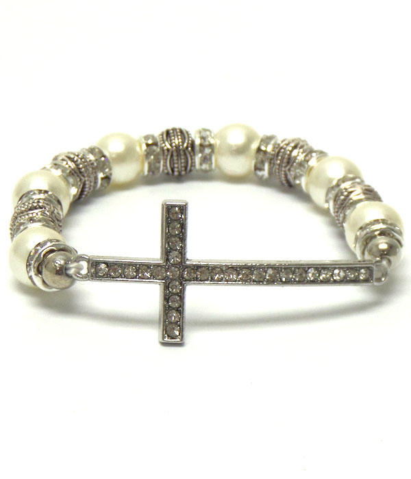 CRYSTAL CROSS AND PEARM AND CRYSTAL RONDELLE STRETCH BRACELET