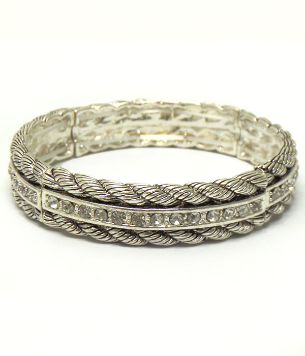 CRYSTAL CENTER LINE AND METAL ROPE TEXTURED STRETCH BRACELET