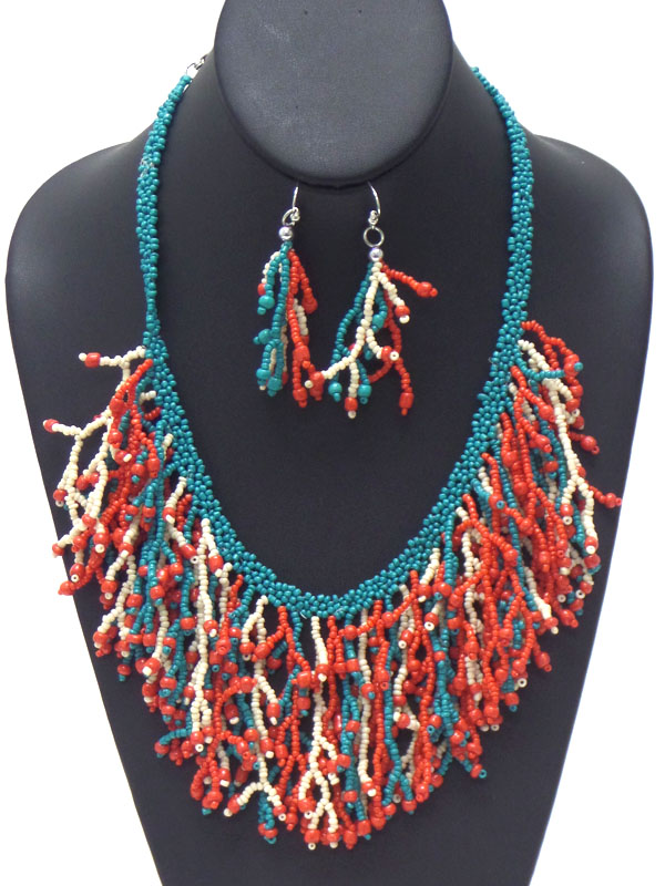 MULTI SEED BEADS CORAL DROP NECKLACE EARRING SET