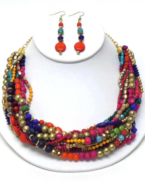 MULTI BEADS AND CHAIN MIX NECKLACE EARRING SET