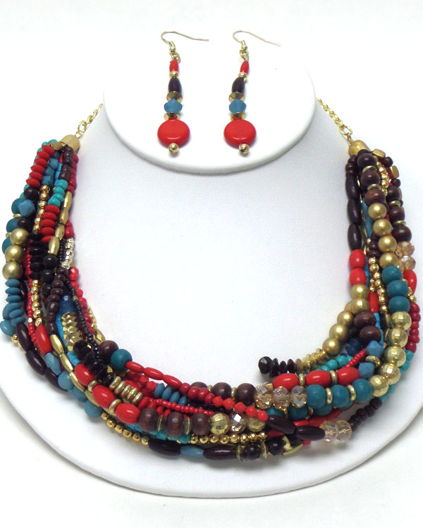 MULTI BEADS AND CHAIN MIX NECKLACE EARRING SET