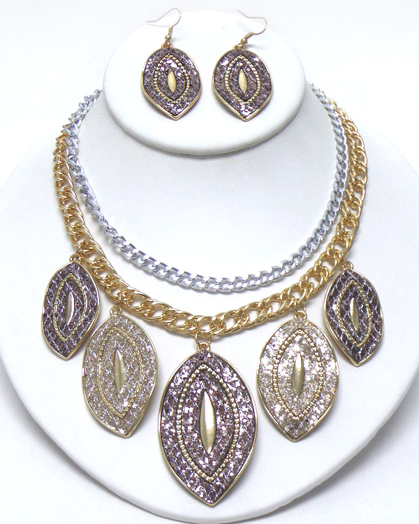 SNAKESKIN MULTI OVAL DISK DROP DOUBLE LAYER NECKLACE EARRING SET