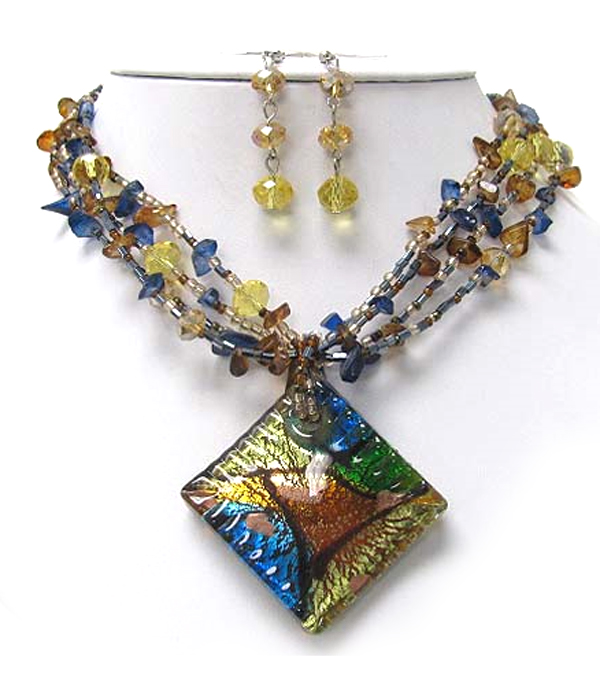 MURANO GLASS PENDANT AND MIXED CHIP STONE NECKLACE EARRING SET