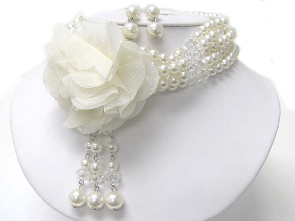 FABRIC FLOWER AND PEARL BEADS NECKLACE EARRING SET