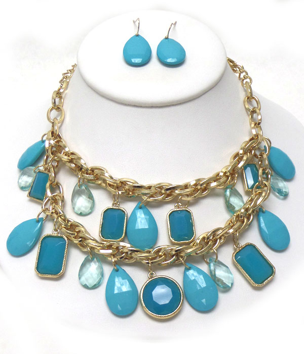 MULTI TEARDROP AND SQUARE ACRYLIC STONE DROP DOUBLE CHAIN COCKTAIL NECKLACE EARRING SET