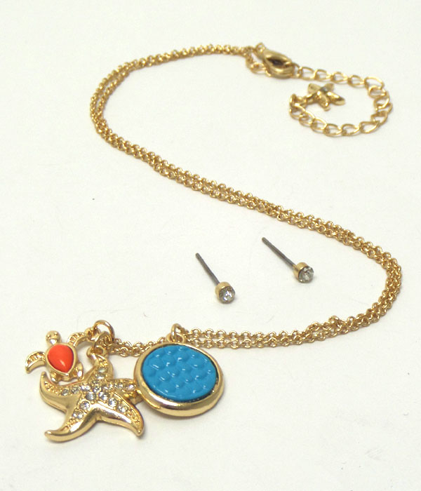 CRYSTAL STUD STARFISH AND TURTLE DANGLE NECKLACE EARRING SET