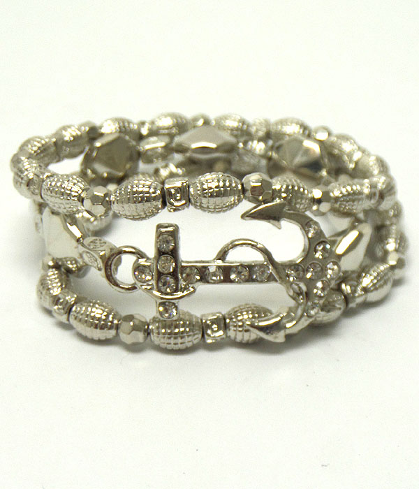 CRYSTAL ANCHOR AND METAL BEAD STRETCH BRACELET SET OF 3