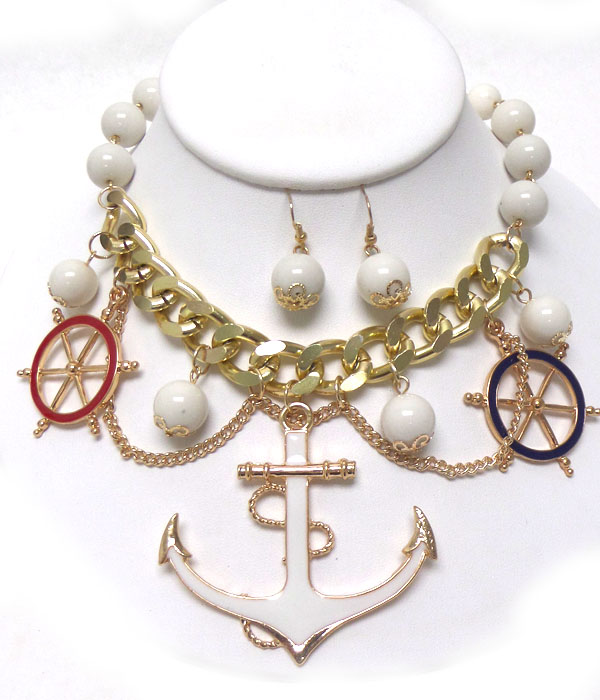 NAUTICAL THEME EPOXY ANCHOR PENDANT AND METAL CHAIN NECKLACE EARRING SET